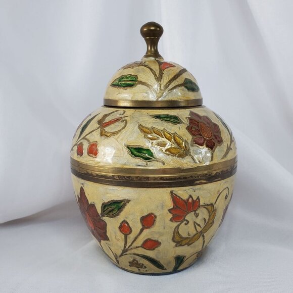VTG Brass Cloisonné Enamel Lidded Ginger Jar Pot Urn Made in India 6 inches tall - Picture 1 of 13